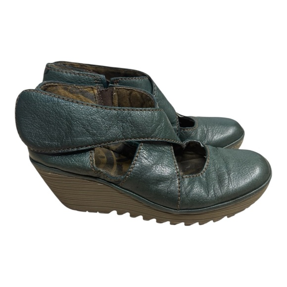 Fly London Green Leather Cutout Wedge Shoes Women’s Size 40 US 9-9.5 Comfort - Picture 1 of 12